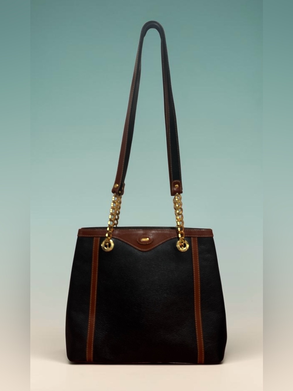 Vintage BALLY Black & Brown Leather Shoulder Bag Tote Gold Chain Accent Italy